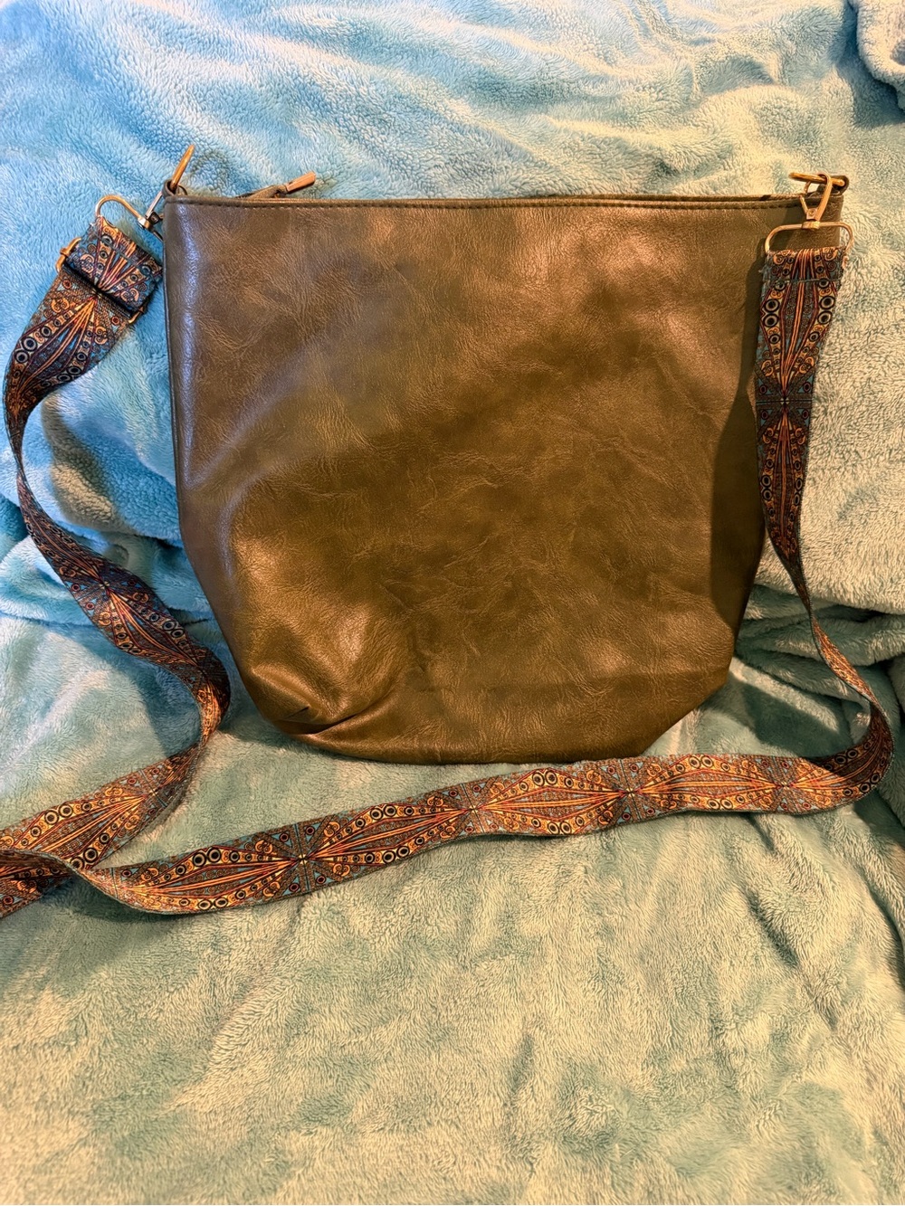 Olive Green Crossbody Bag with Patterned Strap